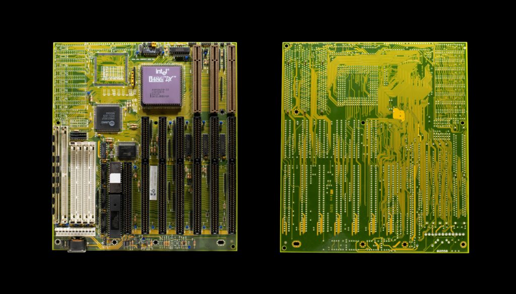Detailed image of a vintage motherboard featuring an Intel 486 chip, showcasing the complexity of retro computing components.